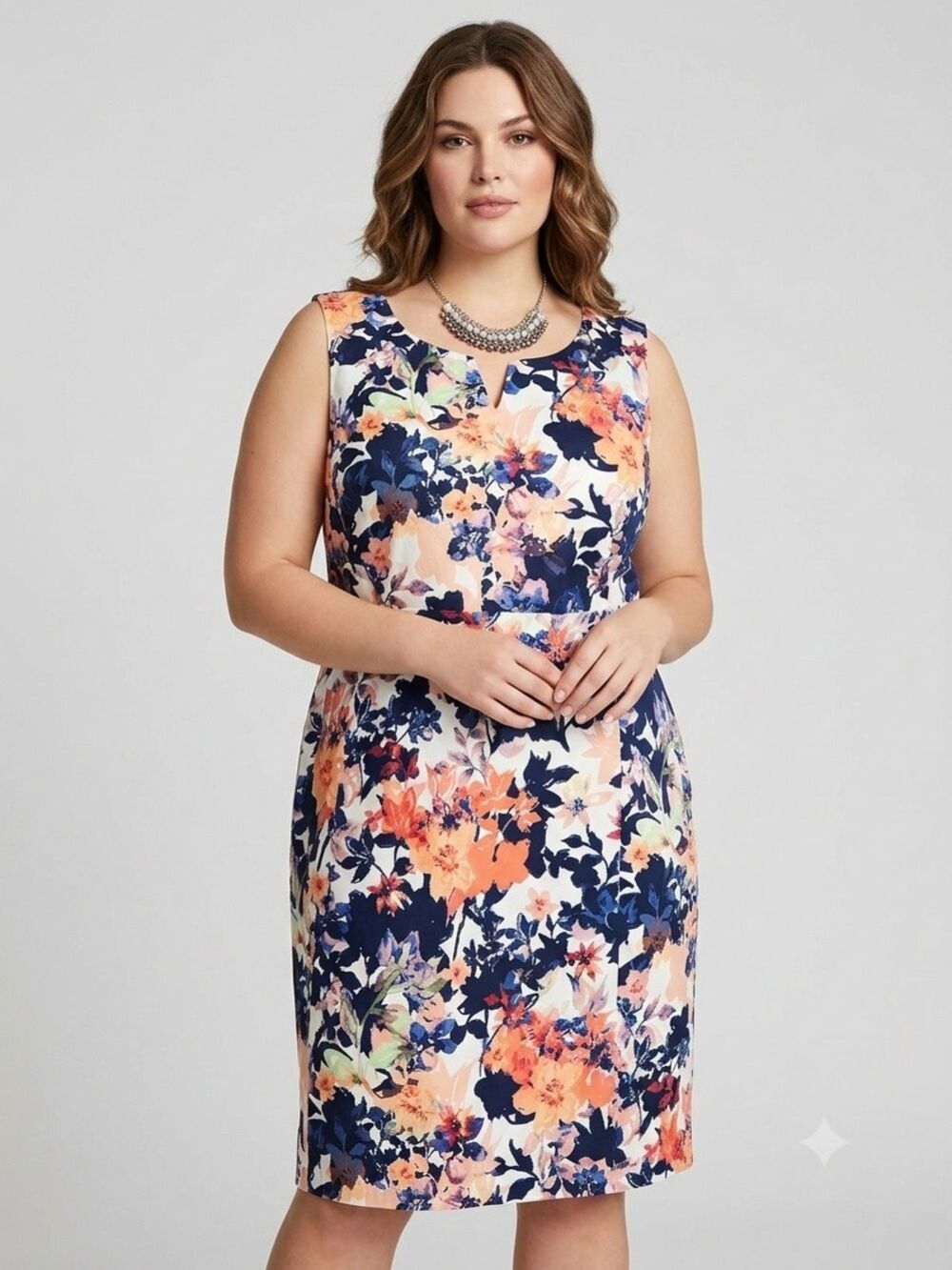 SIGNATURE COLLECTION Navy Coral Cream Floral V Neck Sleeveless Dress 22W